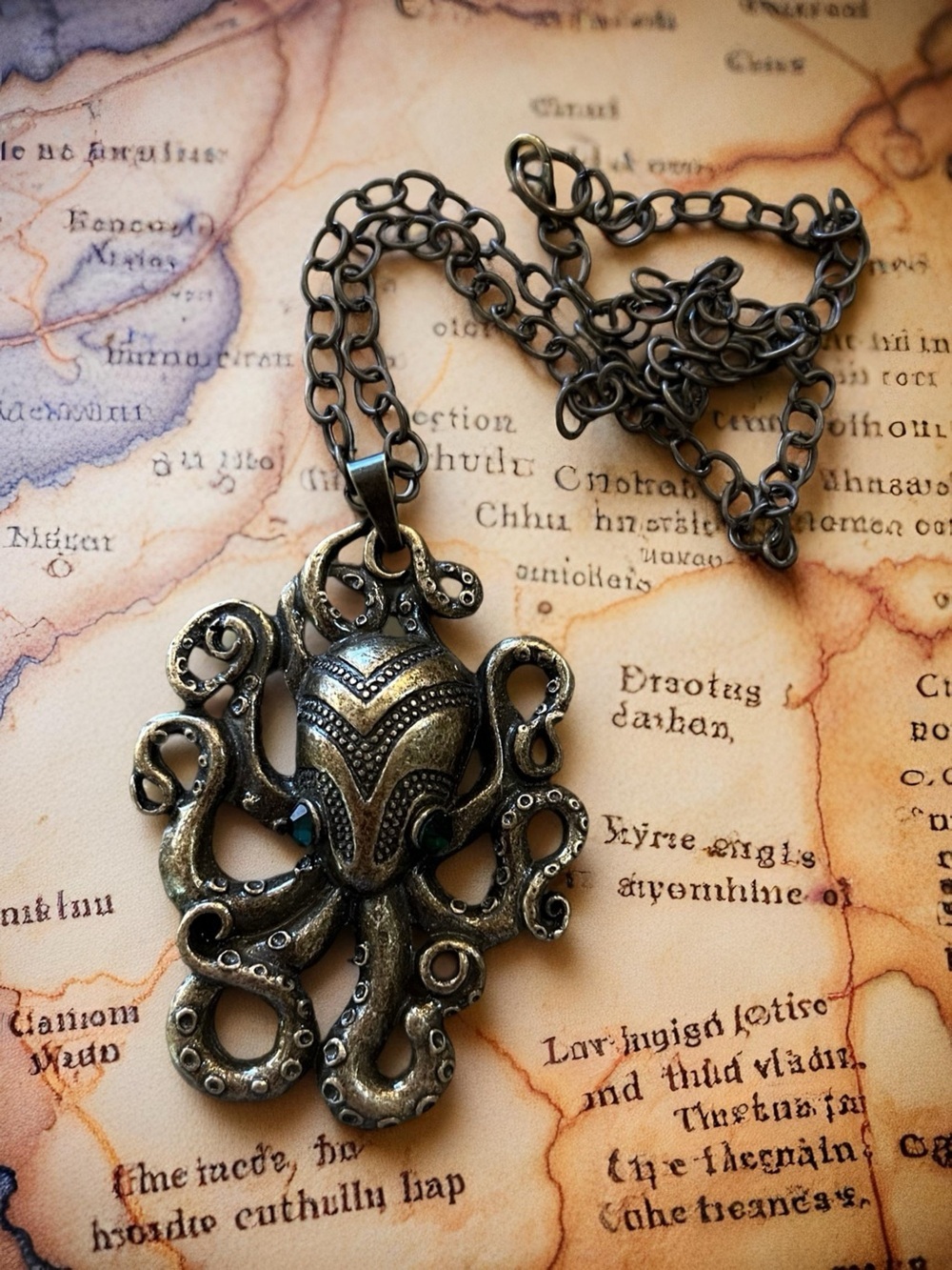 Bronze Octopus/Kraken Pendant Necklace with Green Accent Eyes - Picture 16 of 17